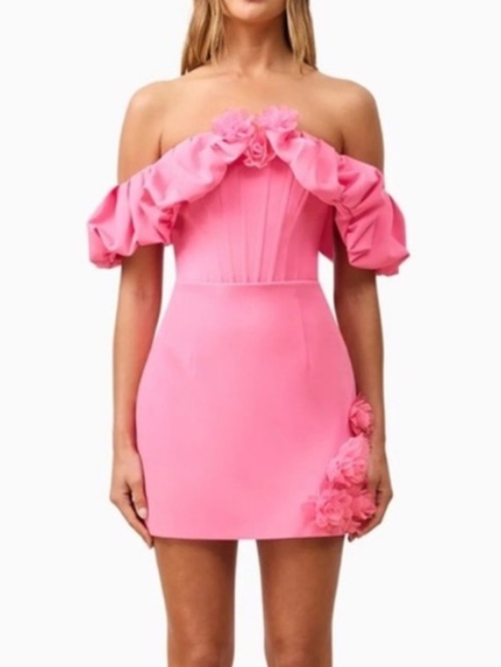 NWT ELLIATT klara pink 3d floral embellished off the shoulder mini dress Sz M